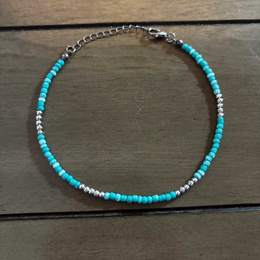 Turquoise Color and Silver Tone Beaded Anklet / Bracelet